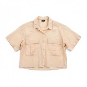 Mister Noah Cotton Button Up Shirt Flap Pocket Peach Short Sleeve Top Size L